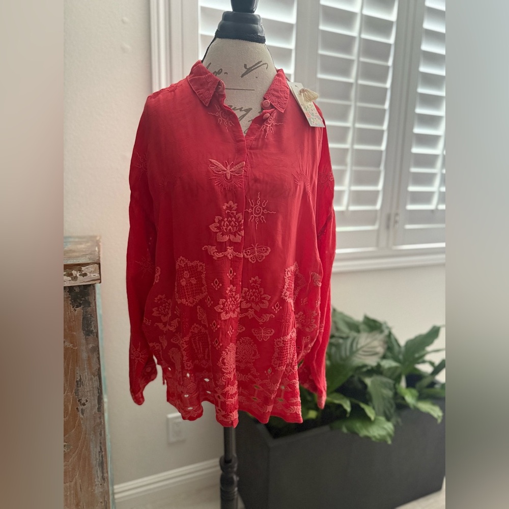 Johnny Was Red Embroidered Button Down Blouse